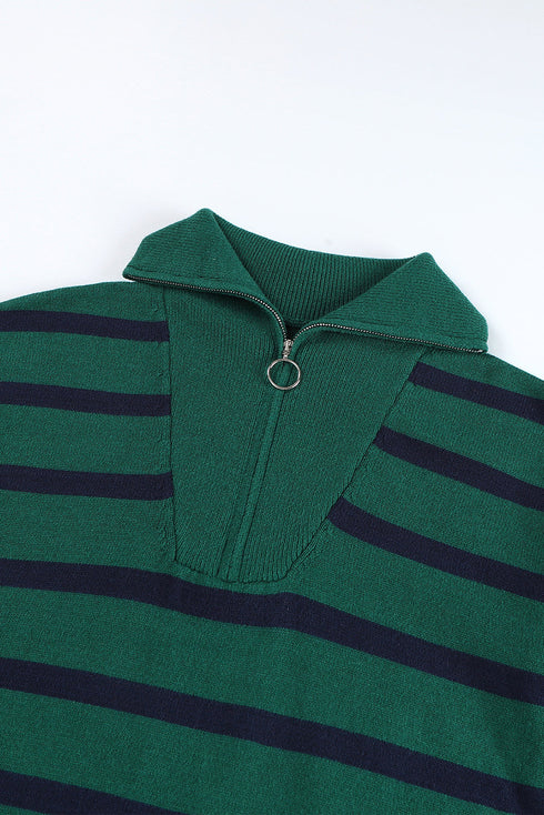 Striped O-Ring Zip Front Collared Drop Shoulder Long Sleeve Sweater Dress